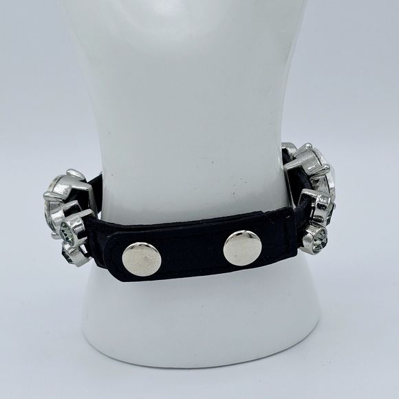 Guang Tong Crystal Stud Wrap Bracelet Cuff Glass Rhinestone Black Leather - Picture 3 of 9
